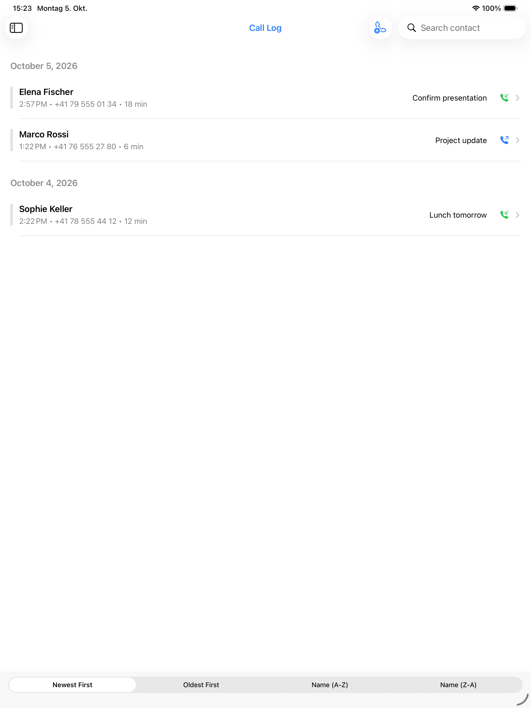 iPad call log